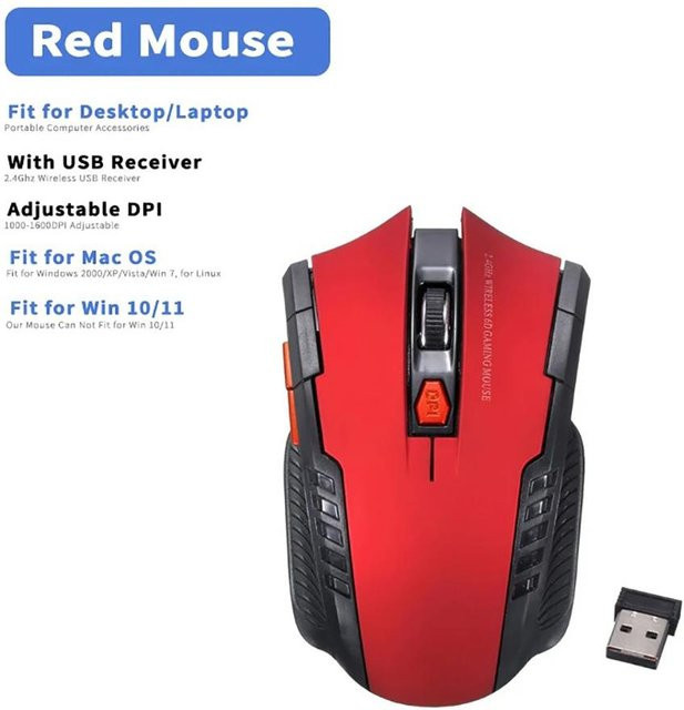 YJMP Drahtlose Gaming-Maus mit 2,4 GHz, optische Maus mit 2000 DPI und 6 Tasten, Farbe: Rot - Bild 1