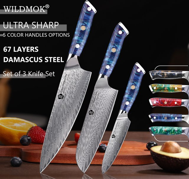 WILDMOK 3-teiliges Koch-Küchenmesserset aus japanischem Damast-GV10-Stahl mit ergonomischem Harzgriff in Blau und Multicolour - Bild 1