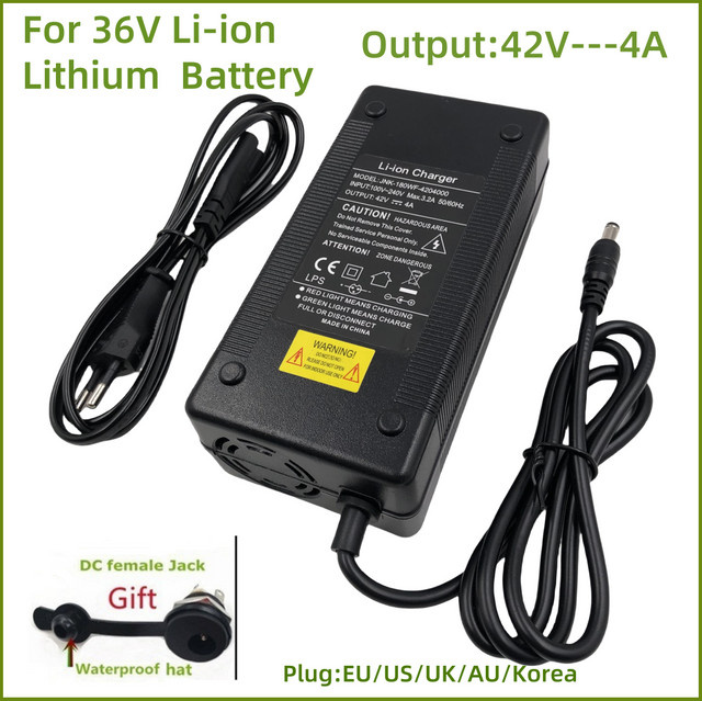 Jnenconn Akkuladegerät für 36V 37V Li-Ionen-Akkus, 42V 4A Schnellladegerät mit DC 5,5mm x 2,1mm Stecker, Schwarz - Bild 1