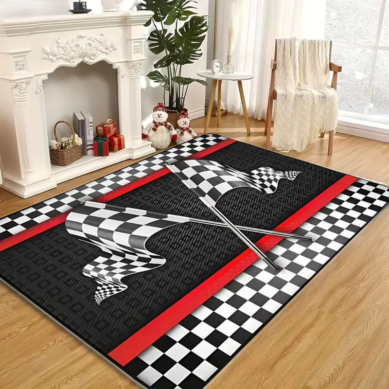 VIKAMA Rennsport-Themenmatte mit schwarz-weiß kariertem Flaggen-Print, rutschfest und maschinenwaschbar, Schwarz-Weiß - Bild 5