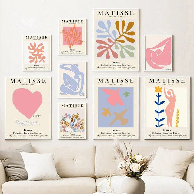 Potdemiel Abstrakte Leinwandmalerei Matisse Mädchen und Taube in Koralle Multicolour als minimalistisches Wandkunst Poster - Bild 1