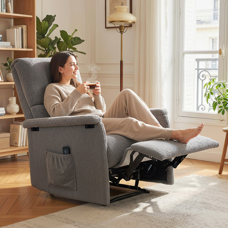 HOMCOM Massage-Sessel mit Liegefunktion aus grauem Teddy-Fleece, Relaxsessel mit verstellbarer Rückenlehne, Fußstütze und Fernbedienung für Wohnzimmer oder Schlafzimmer - Bild 2