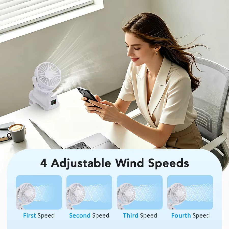 AFDEAL Tragbarer Clip-On-Nebelventilator mit LED-Digitalanzeige und 4 Geschwindigkeiten, USB-wiederaufladbar, Farbe: Weiß - Bild 3