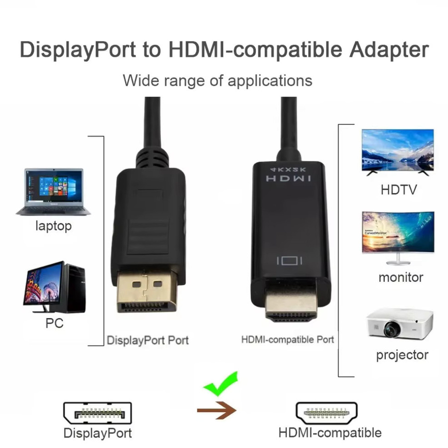 LccKaa DisplayPort zu HDMI Adapter mit 1,8 m Kabel, 4K x 2K Konverter in Schwarz für Desktop, Laptop, PC, TV und Monitor - Bild 2