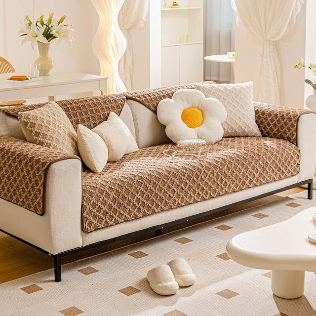 Anti-Rutsch Sitzkissenbezug aus Samt in Creme und Braun, quadratisch, B/T/H: 60 x 60 x 1 cm - Bild 1