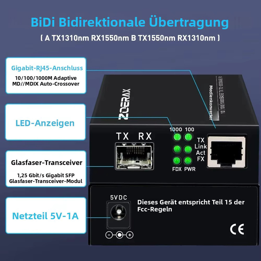 ZoeRax Gigabit SFP zu RJ45 Medienkonverter 1,25 Gbit/s LC Singlemode Glasfaser Ethernet Transceiver Modul in Schwarz - Bild 3