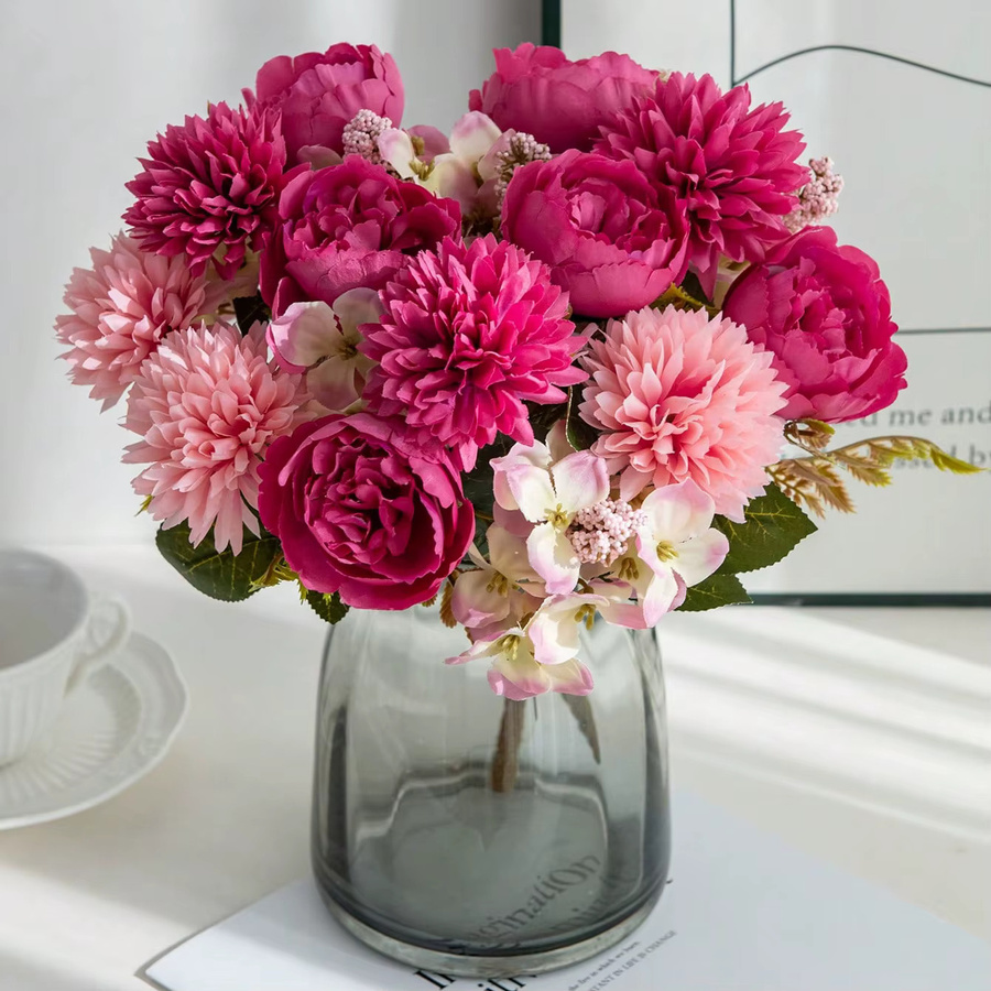 Set aus künstlichen Seidenblumen in Pink mit Rosen und Chrysanthemen für deine Dekoration zu Hochzeit oder Valentinstag - Bild 1