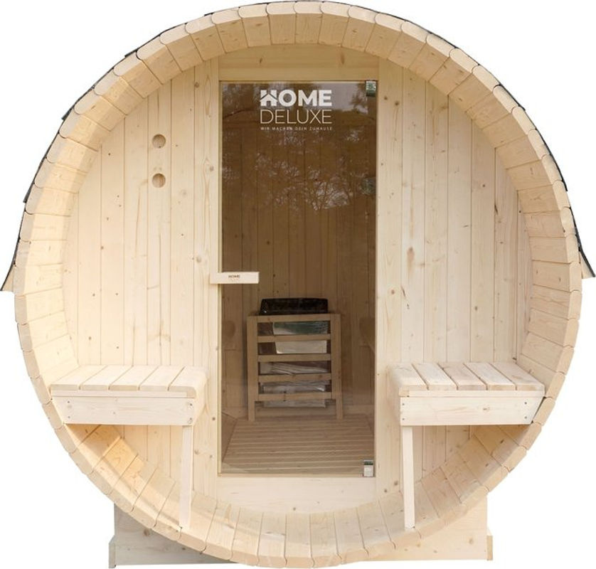 Home Deluxe Outdoor Fasssauna Lahti Deluxe L aus Fichtenholz mit 8 kW Ofen und Sitzgelegenheiten, Farbe: beige, B/H/T: 195 x 192 x 220 cm - Bild 8