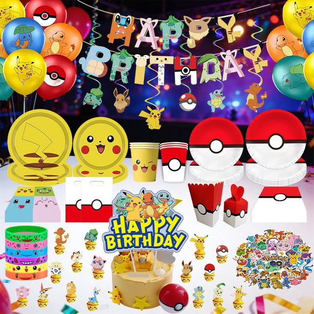 Pokemon Geburtstagsparty Dekorationsset mit Pikachu, Squirtle und Charmander inklusive Ballons und Tischgeschirr in Mehrfarbig - Bild 1