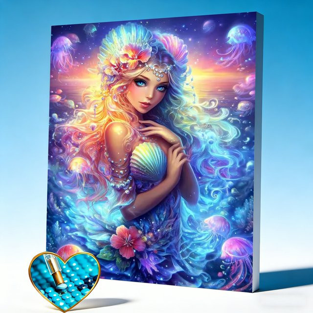 AZQSD Diamant-Mosaik Mädchenporträt Meerjungfrau mit Meeresblumen in Multicolour, runde Diamanten-Malerei mit Strass-Effekt, B/H: 30,0 x 20,0 cm - Bild 1