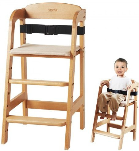 VEVOR Hochstuhl aus Buchenholz für Babys und Kleinkinder, verstellbarer Essstuhl mit Sitzkissen, braun - Bild 1