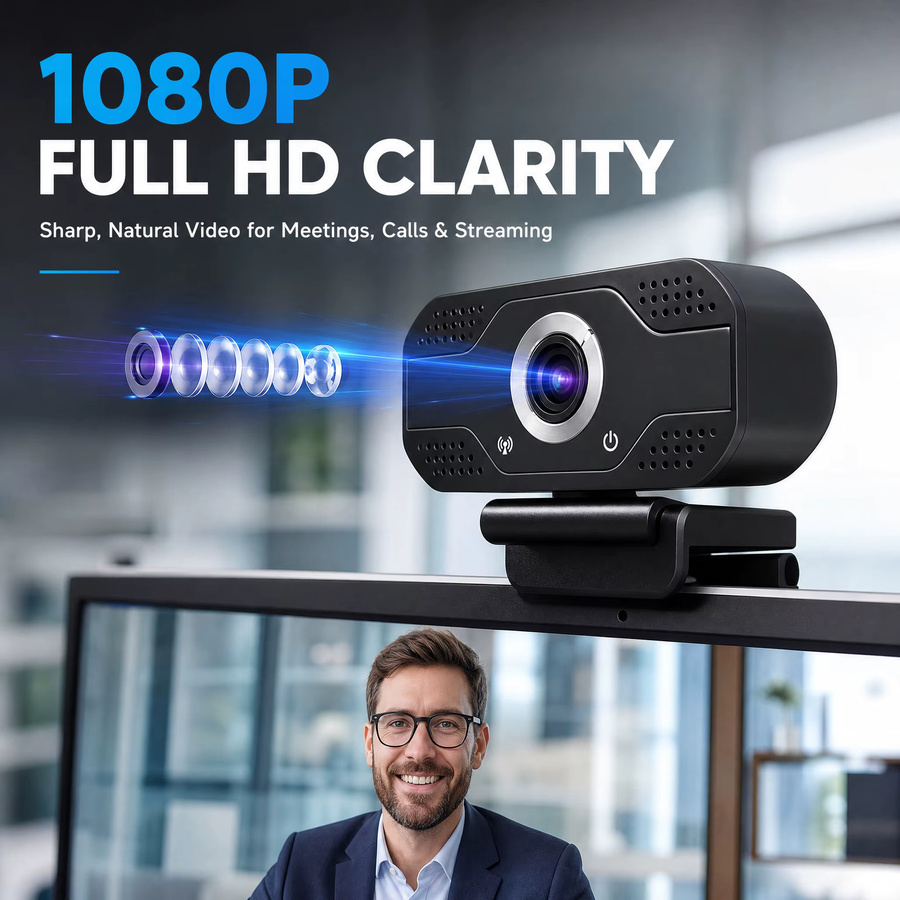 Full HD 1080P Webcam mit Mikrofon in Schwarz für Online-Unterricht, Videoanrufe und Streaming via USB - Bild 2