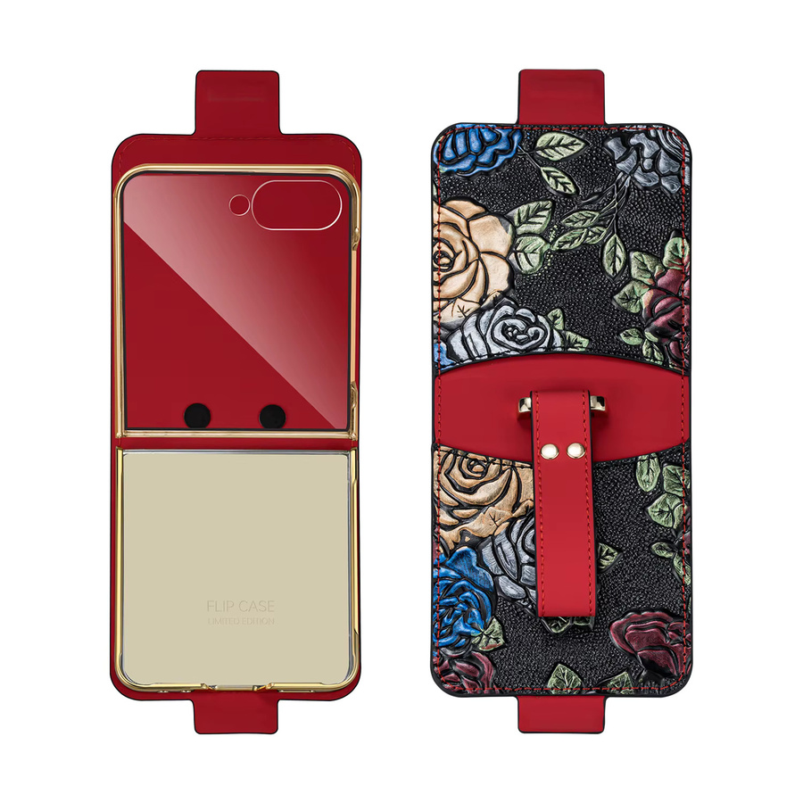 VIETAO Handyhülle aus PU-Leder mit Reliefmalerei Blumen und Armband für Samsung Galaxy Z Flip 8 7 6 5 4 3 in Braun - Bild 4