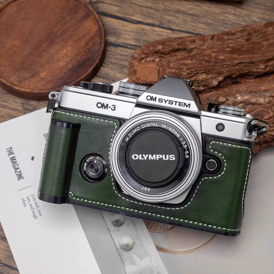 Aozhixin Handgefertigte Kameratasche aus echtem Leder für Olympus OM3 in Grün mit Schultergurt - Bild 2