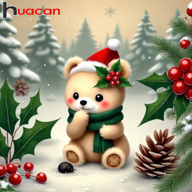 HUACAN 5D Diamantgemälde Bär im Winter mit Tannenzapfen und Kirschen als dekorative Stickerei - Bild 1