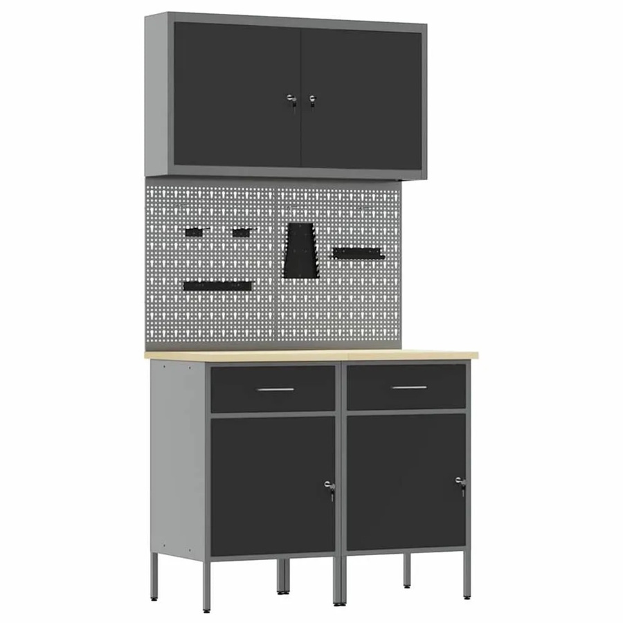 vidaXL Werkbank mit Schubladen und Pegboard aus Holz und Stahl, Schwarz, B/T/H: 200 x 55 x 100 cm - Bild 2