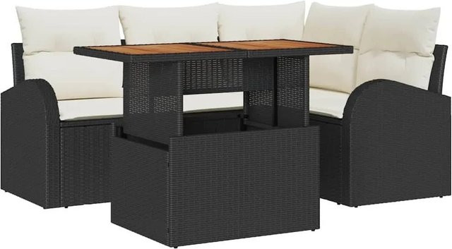 vidaXL Garten-Sofa-Set 5-tlg. in L-Form mit Kissen und Couchtisch, Schwarz und Beige - Bild 1