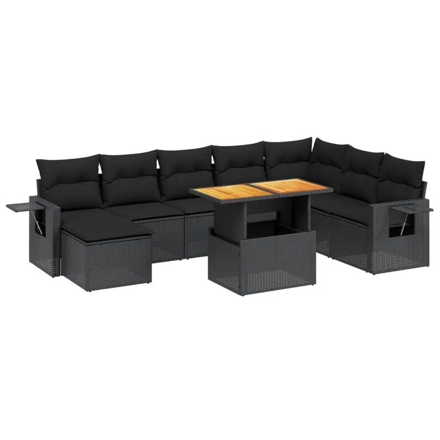 vidaXL 9-tlg. Garten-Sofagarnitur in L-Form aus schwarzem PE-Rattan mit Kissen und Akazienholz - Bild 2