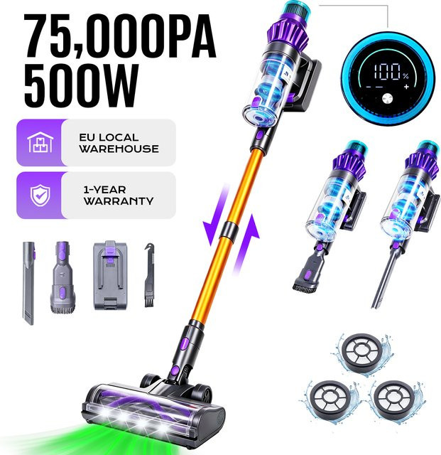 INSE V16 Kabelloser Staubsauger in Purple mit 500W, 75Kpa Saugkraft, Touchscreen, Infrarot-Staubsensor, 6-stufiger HEPA-Filtration und LED-Display für Hartböden und Teppiche - Bild 1
