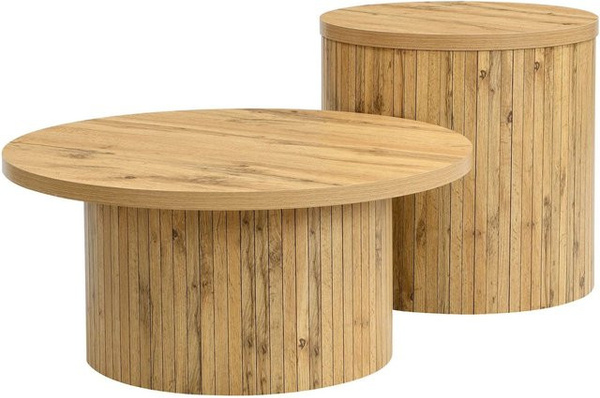 okwish Couchtisch in Braun mit Naturholzoptik und runden Ablageflächen im skandinavischen Design, B/T/H: 75 x 75 x 36 cm