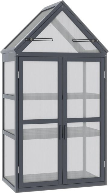 Outsunny Mini Gewächshaus aus Tannenholz und Polycarbonat in Grau mit zwei klappbaren Oberlichtern und drei Einlegeböden, B/T/H: 132 x 70,5 x 42 cm - Bild 1
