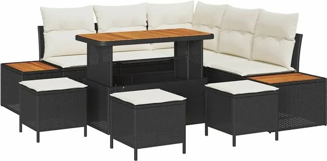 vidaXL Garten-Sofa-Set 9-teilig aus Poly Rattan und Akazienholz in Schwarz mit Kissen - Bild 1