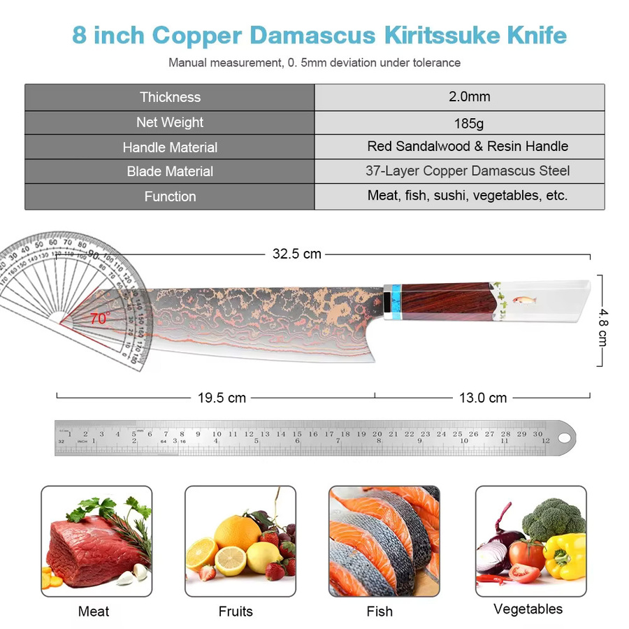 Xituo Kiritsuke Kochmesser aus mehrfarbigem Kupfer-Damaststahl mit Holzgriff, Länge: 20,3 cm - Bild 2