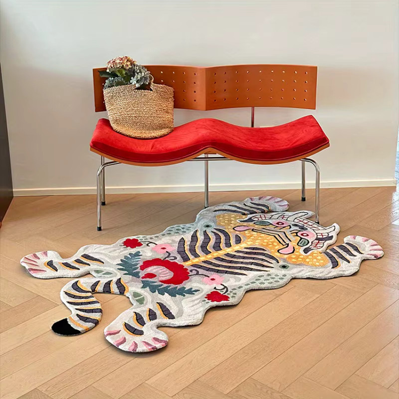 VIKAMA Faux-Tiger-Bereichsteppich in Multicolour, unregelmäßige Form, flauschiger Kunstfell-Teppich, rutschfest und waschbar - Bild 3