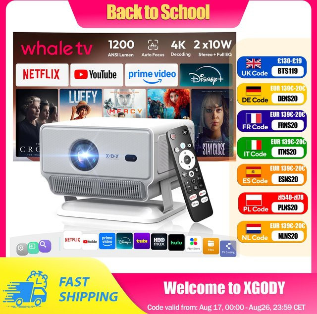 XGODY 4K-Projektor mit 1200 ANSI Lumen, Full HD native Auflösung, KI-Autofokus und 6D-Trapezkorrektur, weiß - Bild 1