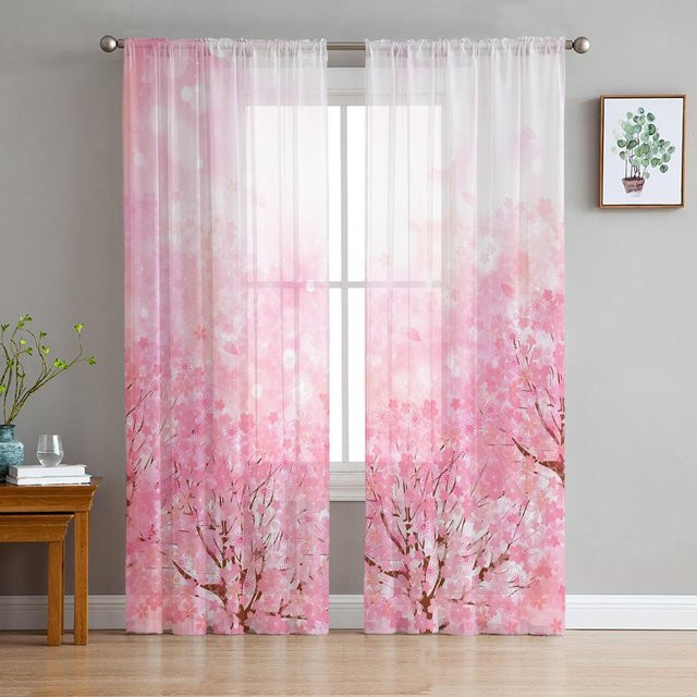 Transparente Tüll-Voile-Vorhänge im japanischen Stil mit rosa Kirschblüten-Blumenmuster von Household supplies MH, Farbe: Transparent/Rosa, Breite: 135 cm, Höhe: 160 cm - Bild 1