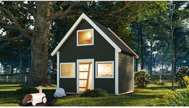 Karibu Kinderspielhaus Kalle aus Massivholz in Terragrau, B/H/T: 212,5 x 253 x 183,5 cm - Bild 1