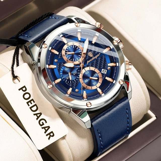 POEDAGAR Armbanduhr Chronograph, Quarz, Leder, Herren, Blau - Bild 1