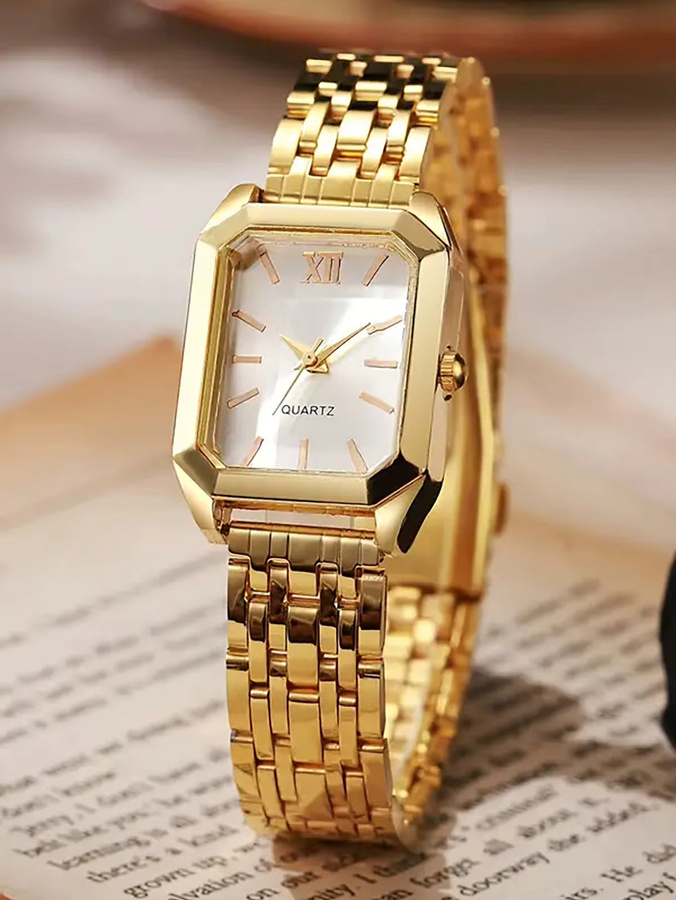 Armbanduhr-Set Damen, Quarz, Edelstahl, Eckig, Weiß, Gold - Bild 3