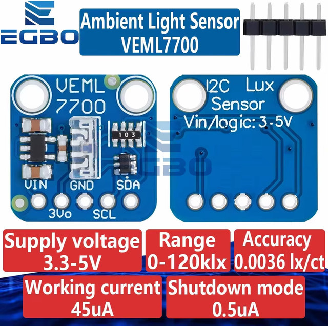 EGBO VEML7700 Umgebungslichtsensormodul in Blau mit 120k Lux Lichtmesssensorplatine, 3,3V 5V und I2C IIC-Schnittstelle für Arduino und Raspberry Pi - Bild 1