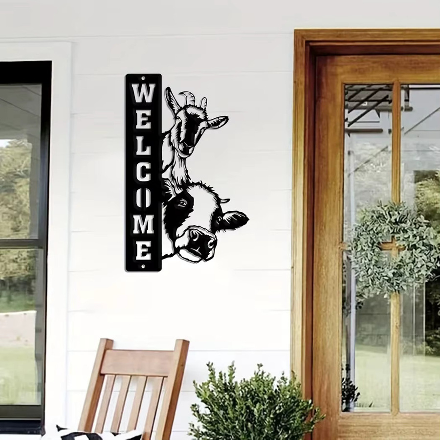 DDPNKL Wandkunst Rustikales Bauernhaus Willkommensschild Kuhschaf in Schwarz aus Metall - Bild 4
