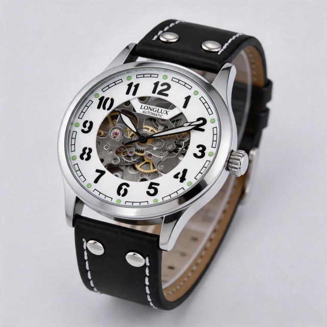 LONGLUX Armbanduhr Automatik, Piloten-Skelett, Edelstahl, Leder, Herren - Bild 1
