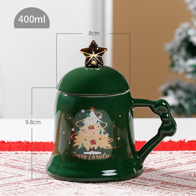 Yiran Furniture Keramiktasse Weihnachtsbaum mit Deckel und Löffel, Grün, 350,5 ml - Bild 1