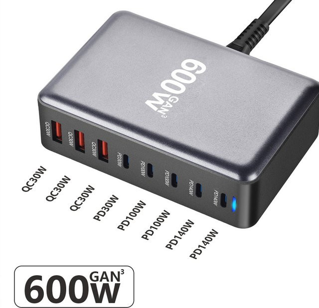 600W GaN 8-Port Schnellladegerät mit USB-C PD 3.1 Ladestation und USB Typ C Adapter für iPhone, Samsung, Xiaomi und Huawei - Bild 1