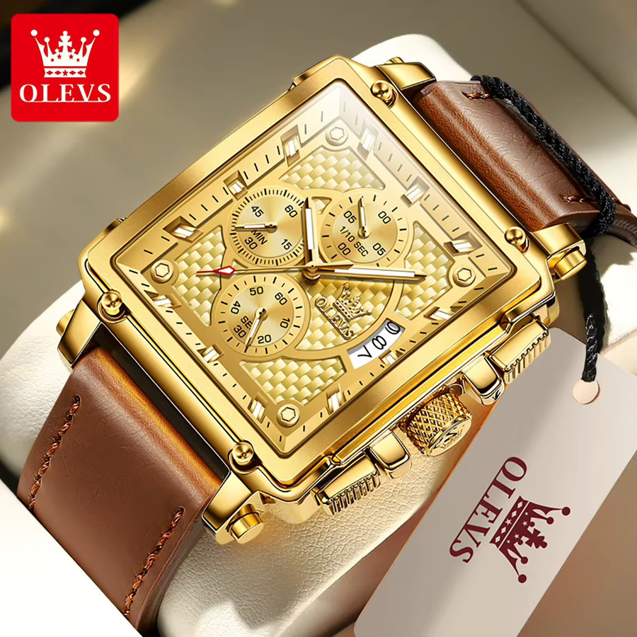 OLEVS Chronograph, Quarz, Lederarmband, Gold, 45 mm, Herren - Bild 2
