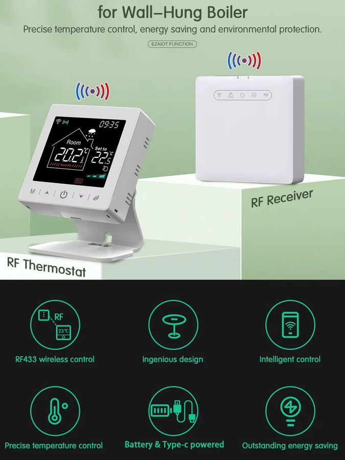 EZAIOT WiFi Smart Wireless RF-Thermostat für Gaskessel und Wasserantrieb, Temperaturregler in Weiß, kompatibel mit Alexa und Google Home - Bild 4