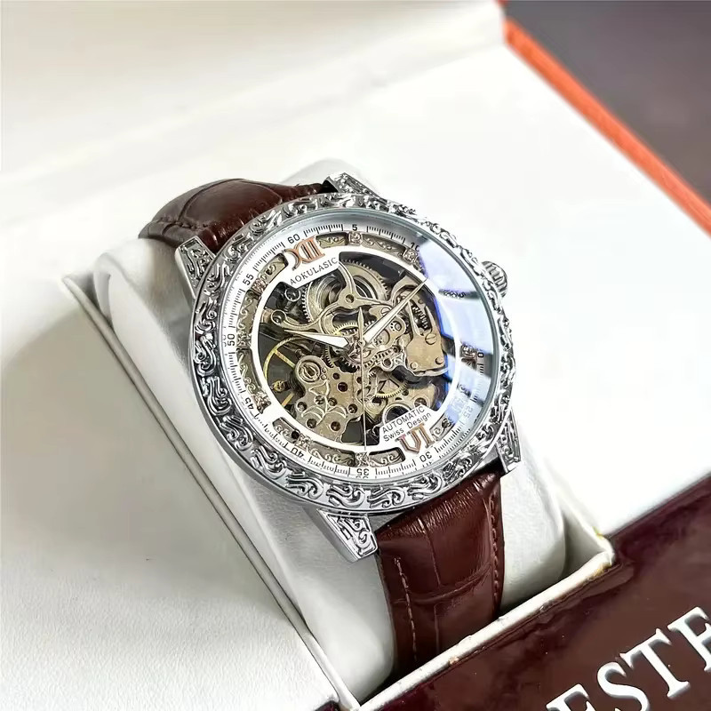 AOKULASIC Armbanduhr Automatik, Weiß, Leder, Herren - Bild 2