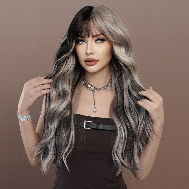7JHH WIGS Haarperücke, lange gewellte Aschehaarperücke mit Pony, Damen - Bild 1
