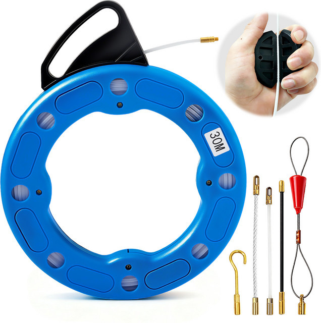 Rbefeuly Polyester-Elektrokabelziehband in Blau mit Hochleistungsgehäuse, Einziehbares Kabelziehwerkzeug aus Kunststoff, Breite: 0,4 cm, Länge: 30 m - Bild 1