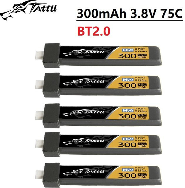 Tattu Li-Ion Akku 1S 3,8V 300mAh 75C mit BT2.0 Anschluss für RC Hubschrauber, Quadcopter und FPV Renn Drohnen, Schwarz - Bild 1