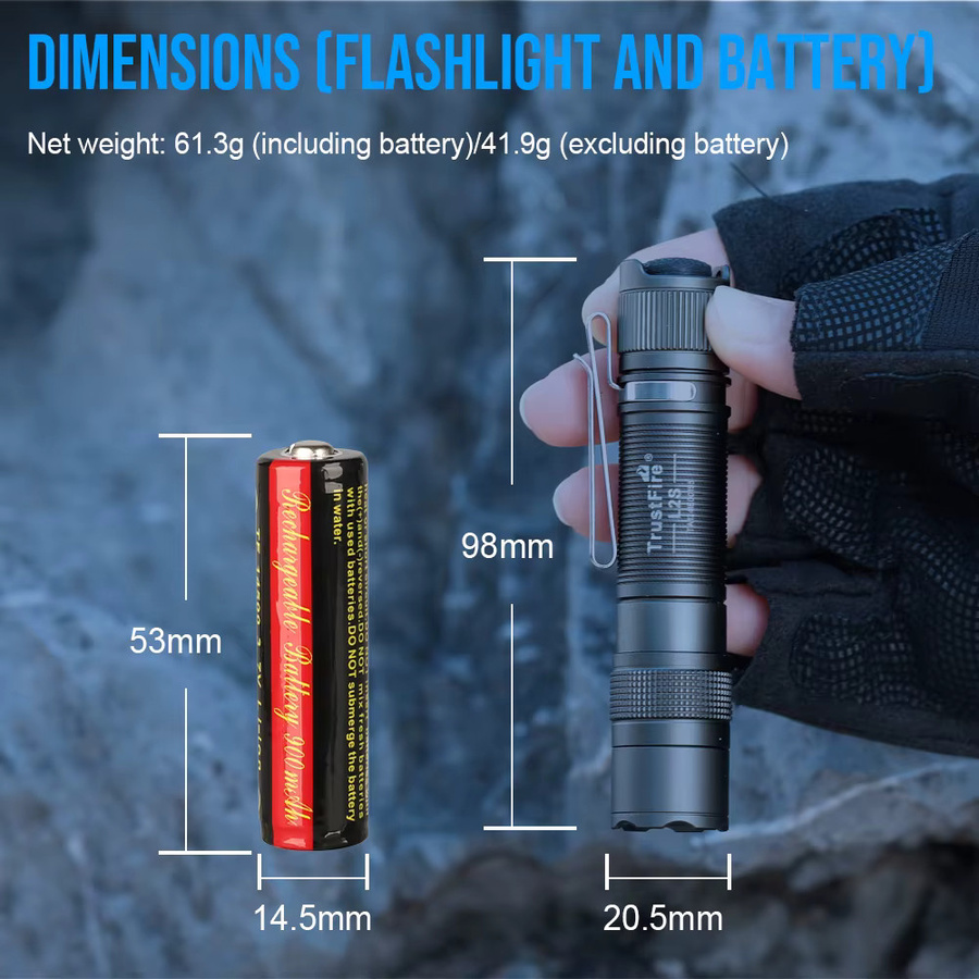 Trustfire L2S Taktische Taschenlampe mit 1050 Lumen, USB wiederaufladbar, IPX6 wasserdicht, Schwarz - Bild 3
