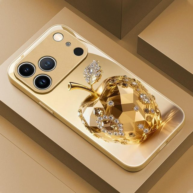 Luxus Glas-Handyhülle mit Apple-Muster in Gold Metallic und Beige für iPhone 17 16 15 14 13 12 11 Pro Max Plus 17Air 16E - Bild 1