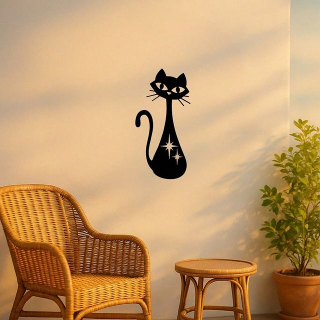 Hello Young Vintage Starburst Atomic Cat Metall-Wanddekoration im Mid-Century Stil, Schwarz - Bild 1