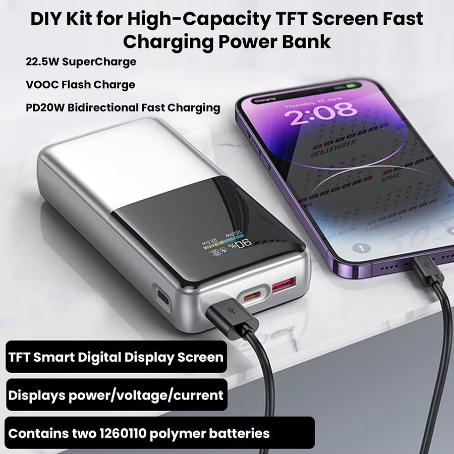 diymore Powerbank-Gehäuse mit 22,5W Schnellladung und TFT-Farbdisplay-Modul, 3,7V Lithium-Batterie Motherboard-Kit in Silber - Bild 3
