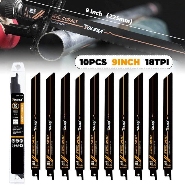 TOLESA 10er Set Bimetall-Sägeblätter für Metallsägen mit 18 TPI und Kobalt, Farbe: Silber, Länge: 150 mm und 225 mm - Bild 1