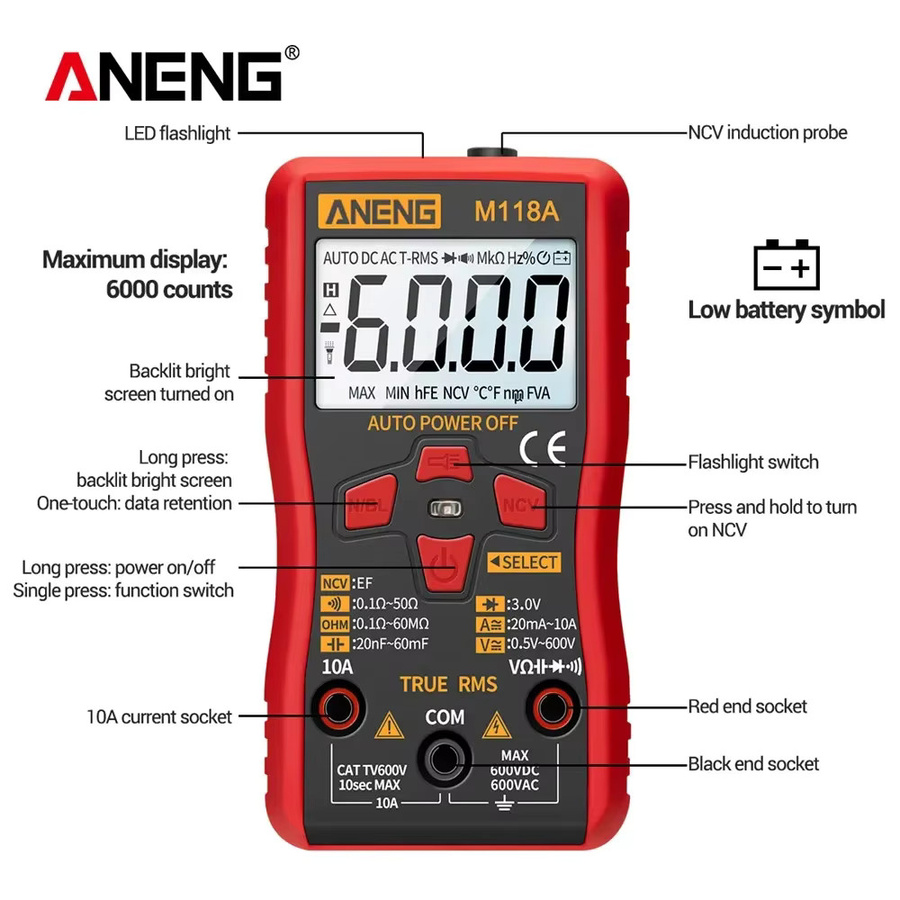 ANENG M118A Digitalmultimeter Mini Multimeter mit 6000 Zählungen für AC Spannung, Kapazität, Widerstand, Diode und NCV Tester in Rot - Bild 6